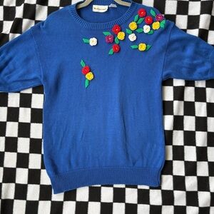Blue vintage Sweater with 3d Floral Embroidery details, size small, excellent